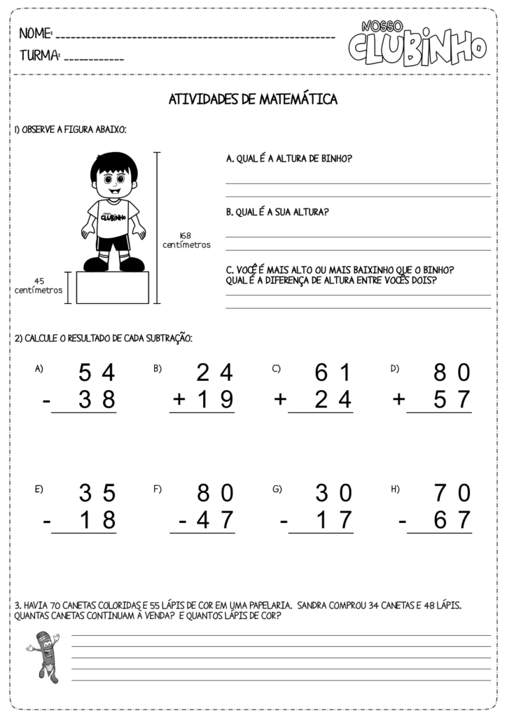 Atividades De Adicao E Subtra O E Ano Ensino J