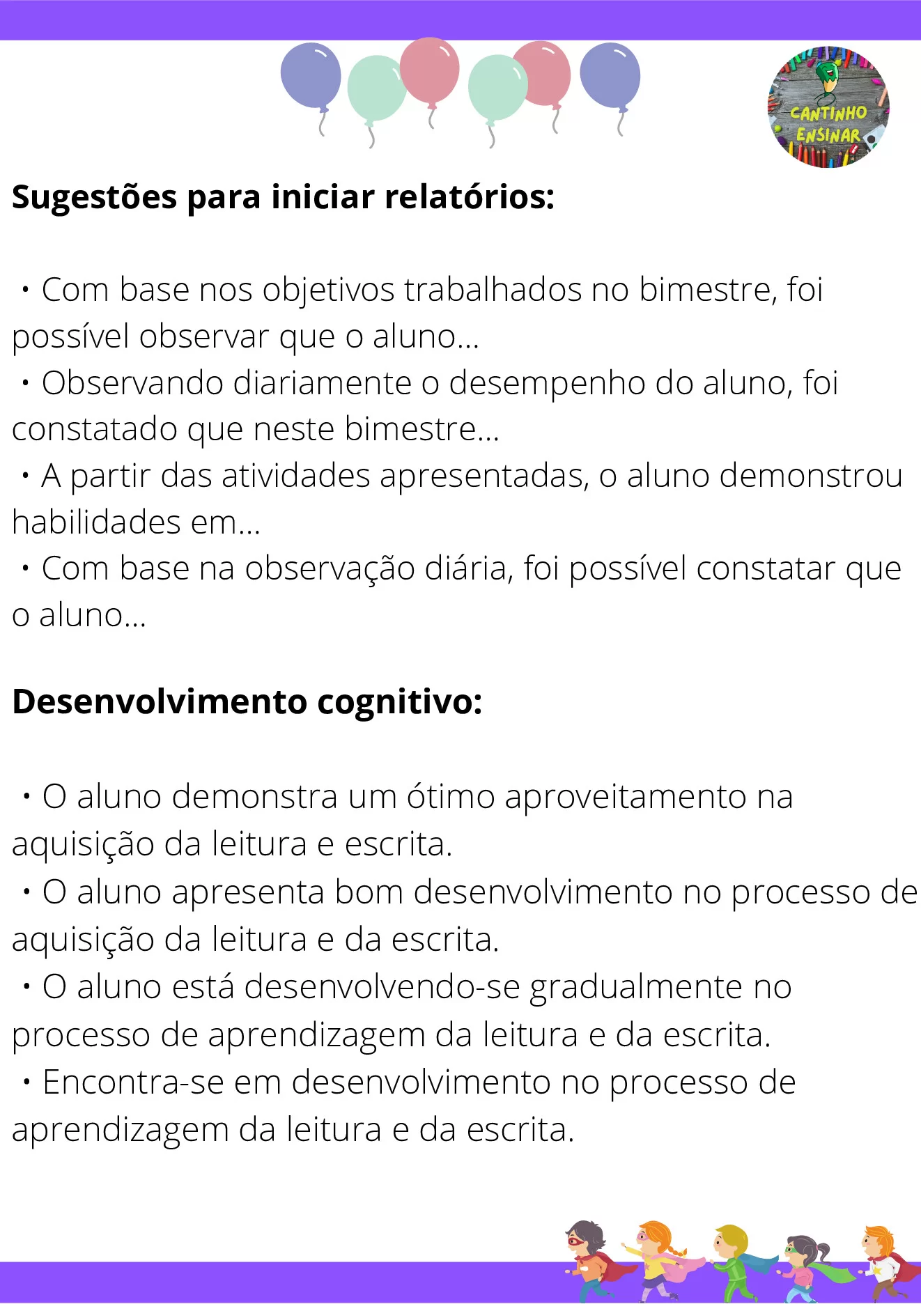 Frases para relatórios descritivos de alunos — p3 | Ensino Já atividades para educação infantil (ensinoja.com)