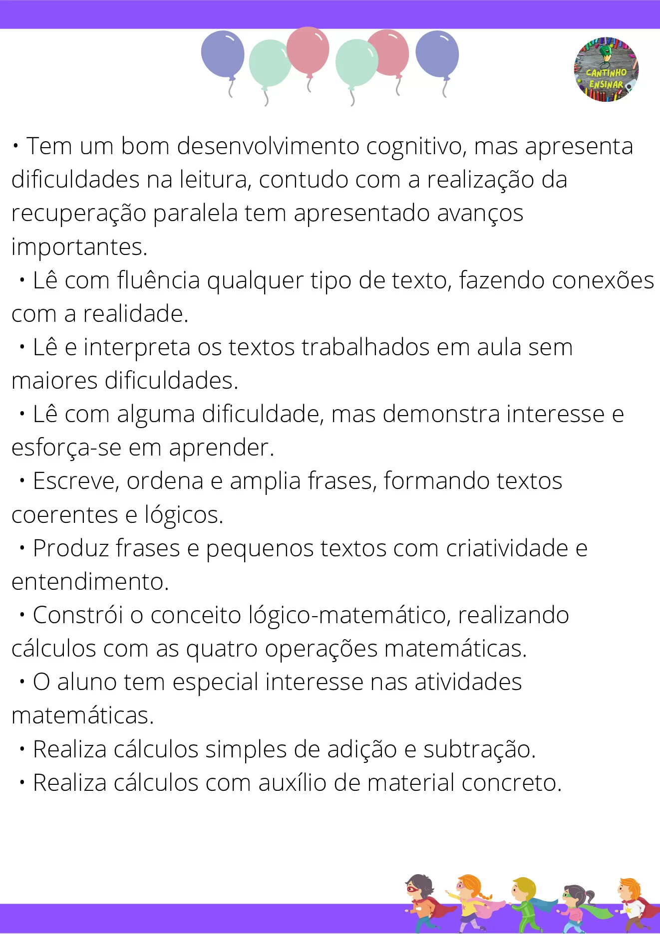 Frases para relatórios descritivos de alunos — p4 | Ensino Já atividades para educação infantil (ensinoja.com)
