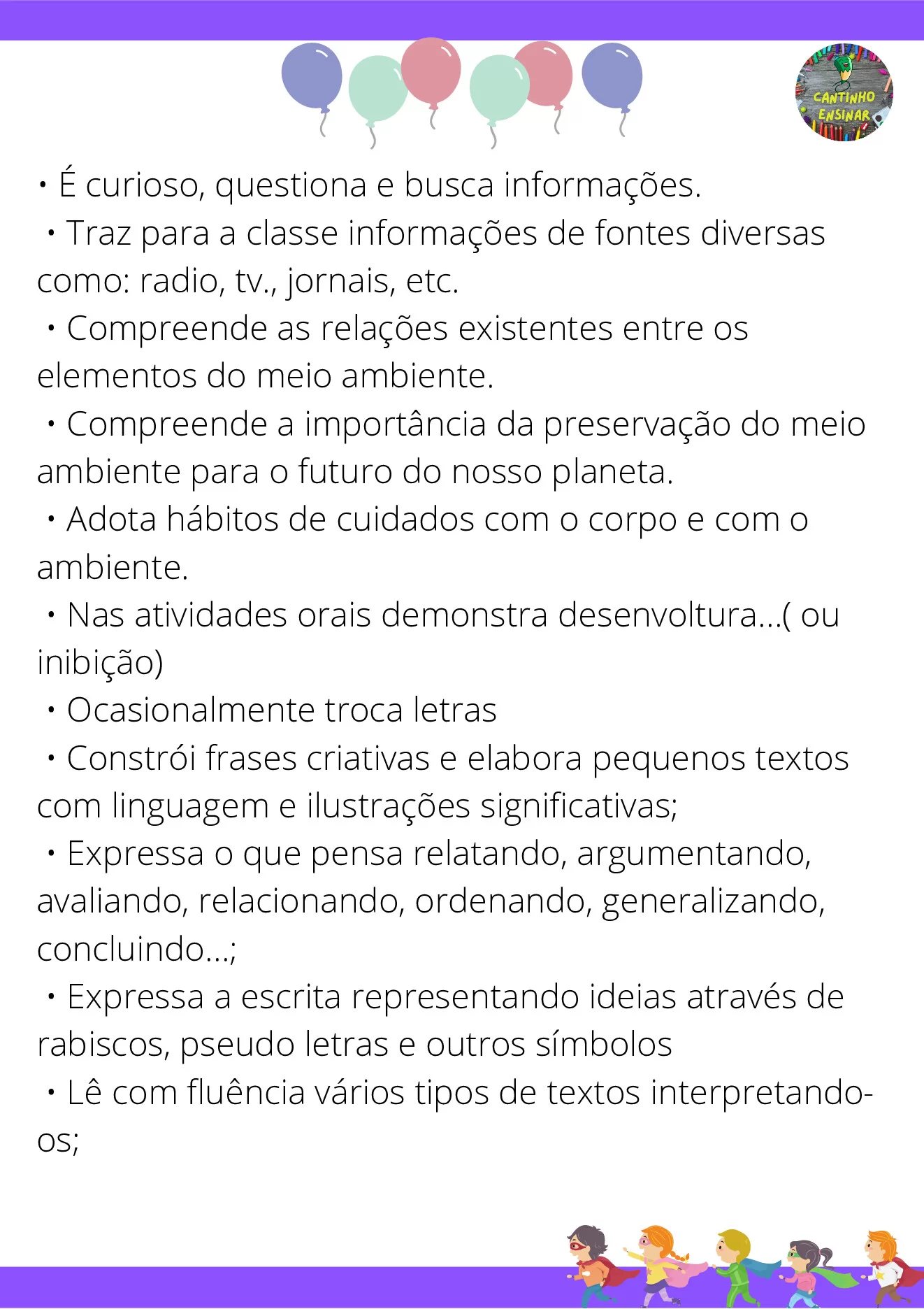 Frases para relatórios descritivos de alunos — p5 | Ensino Já atividades para educação infantil (ensinoja.com)