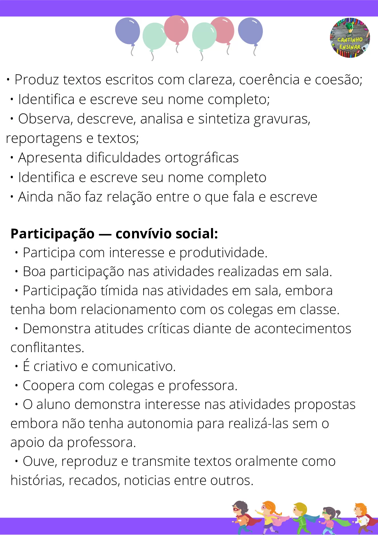 Frases para relatórios descritivos de alunos — p6 | Ensino Já atividades para educação infantil (ensinoja.com)