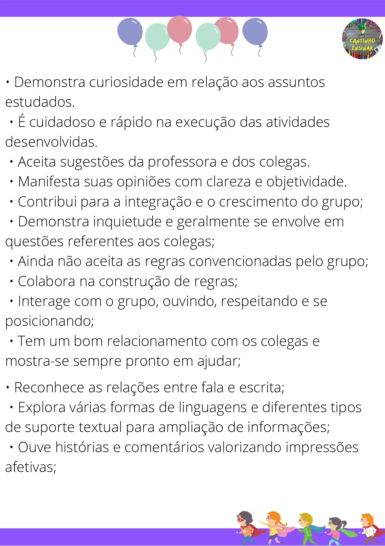 Frases para relatórios descritivos de alunos — p7 | Ensino Já atividades para educação infantil (ensinoja.com)