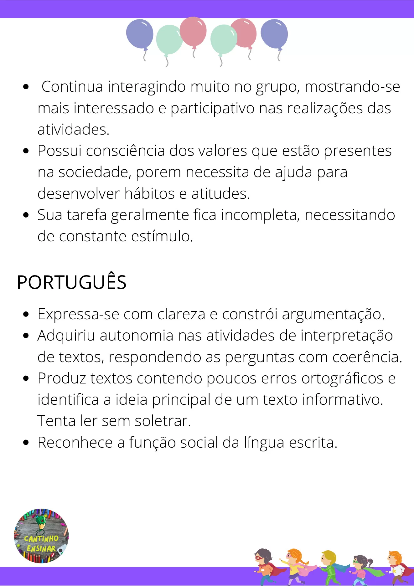 Frases para relatórios descritivos de alunos — p10 | Ensino Já atividades para educação infantil (ensinoja.com)