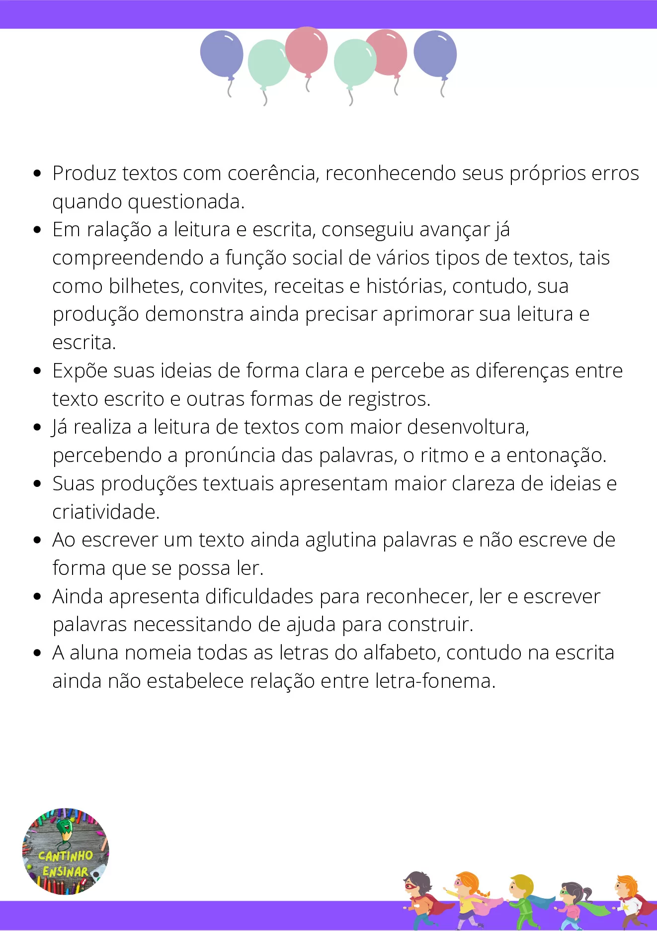 Frases para relatórios descritivos de alunos — p13 | Ensino Já atividades para educação infantil (ensinoja.com)