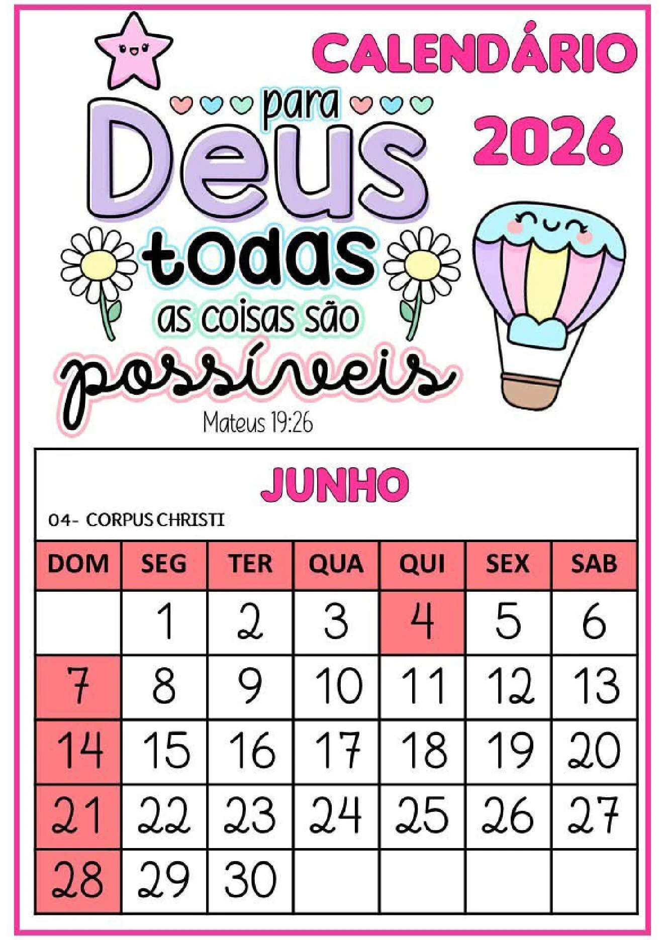 Calendário 2026 com frases bíblicas para imprimir PDF — p6 | Ensino Já atividades para educação infantil (ensinoja.com)