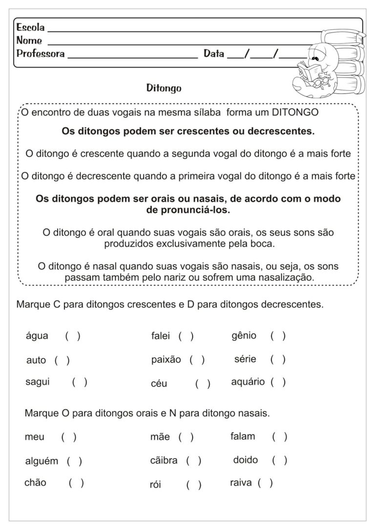 Atividades de ditongo, tritongo e hiato - Ensino Fundamental