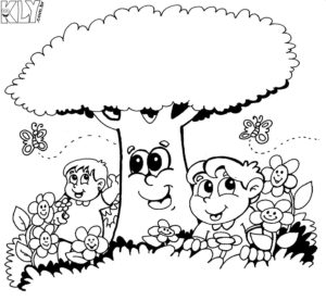 Desenho para colorir mostrando uma árvore sorridente, flores felizes, borboletas e crianças brincando na natureza