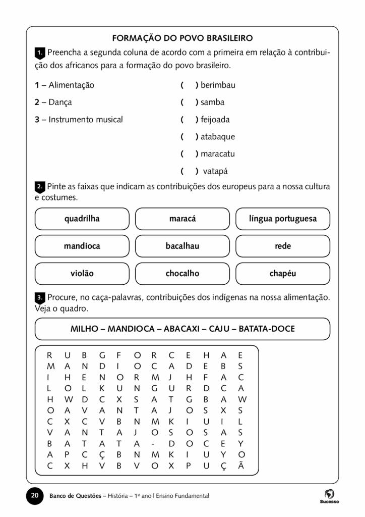 Fomação do povo brasileiro, educação infantil. Questões de história