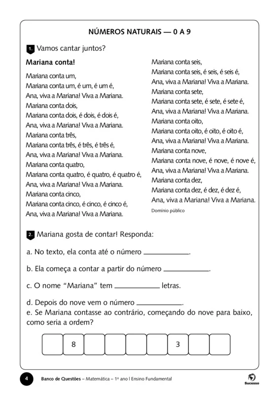 Atividades de Matemática para o 1º Ano com numeros naturais
