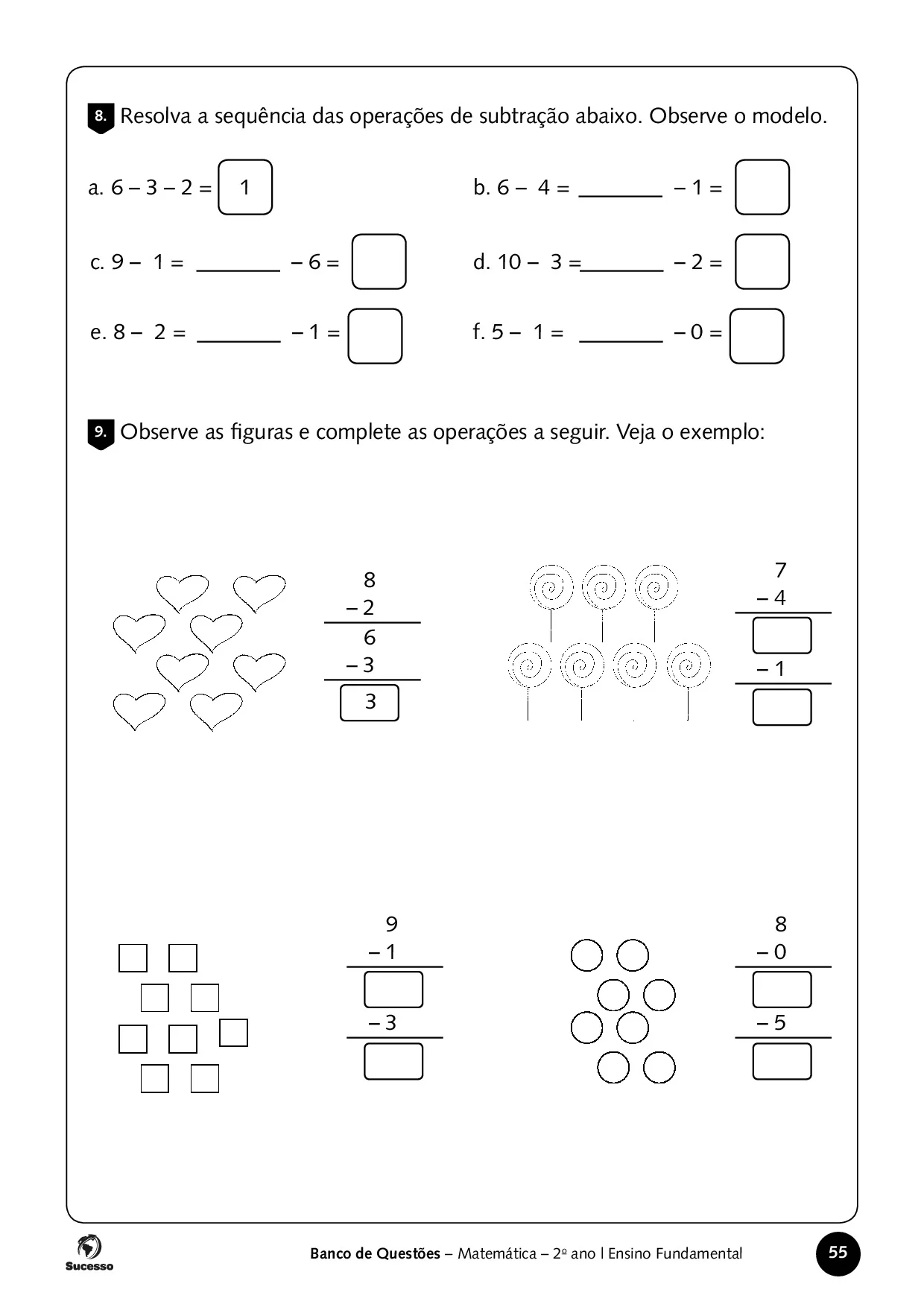 Resolva a sequència das operações de subtração abaixo para atividades de Matemática para o 2º Ano