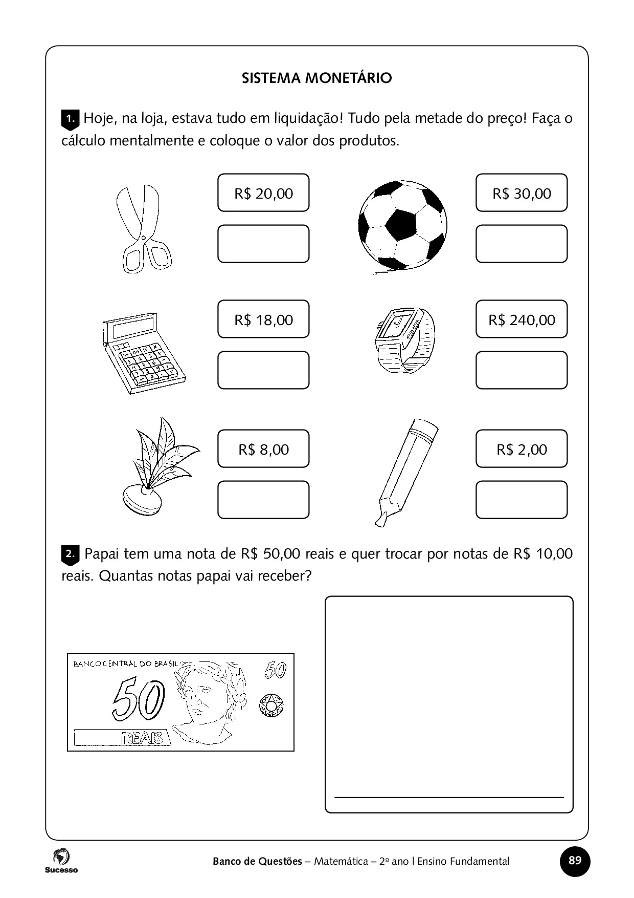 Atividades de Matemática para o 2º Ano sistema monetário