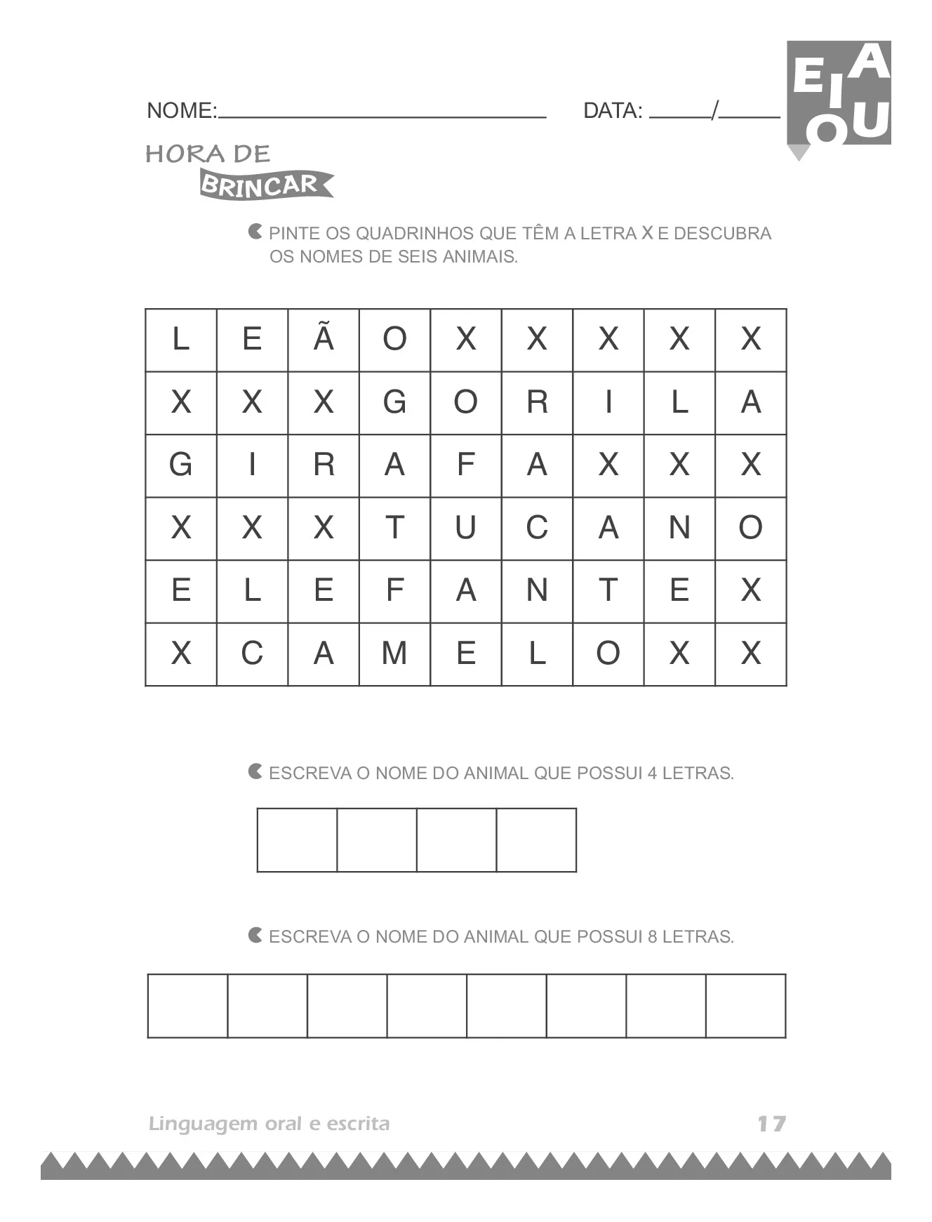 Pinte os quadrinhos que tem a letra x e descubra os nomes de seis animais