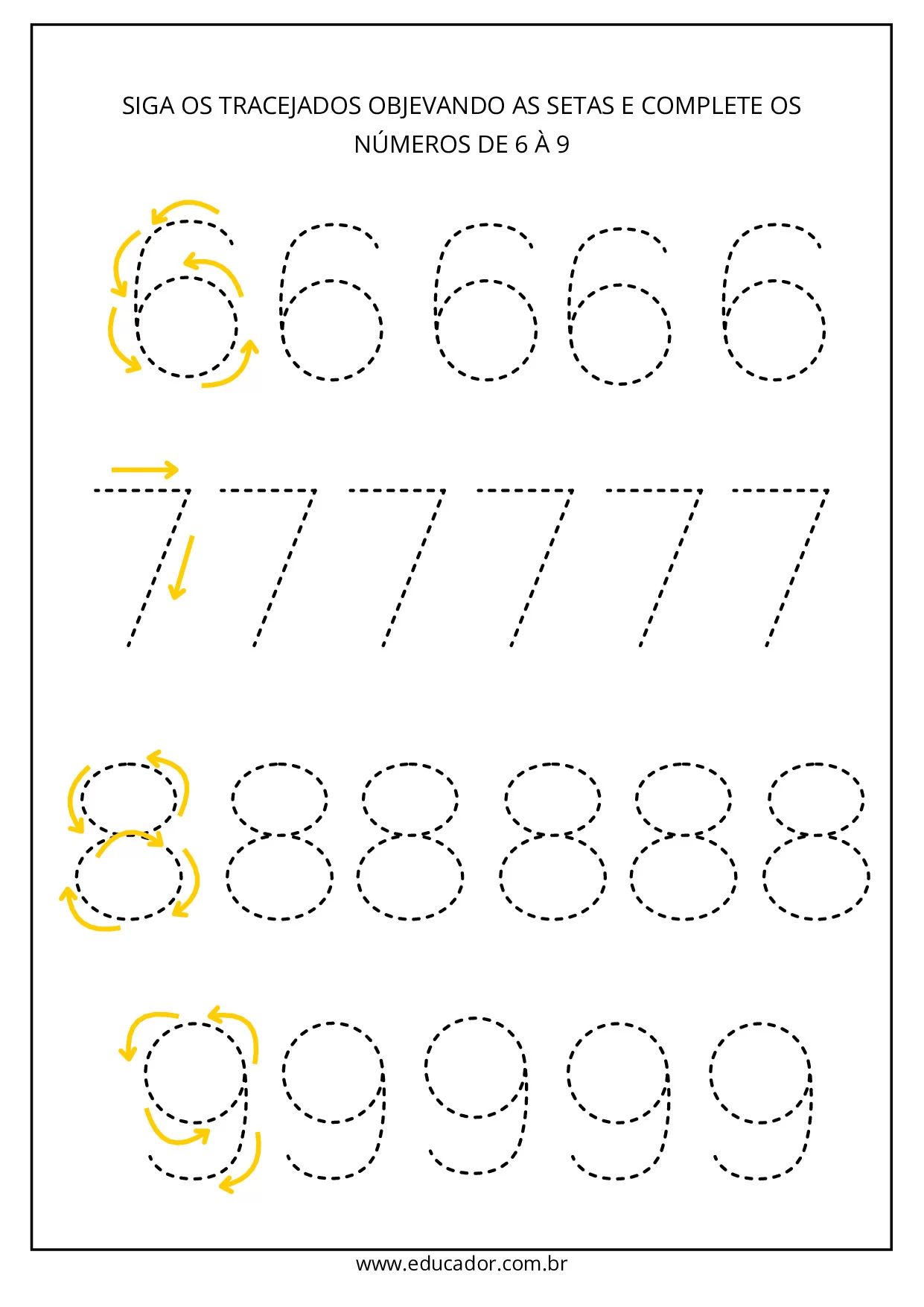 siga os tracejados objevando as setas e complete os números de 6 a 9