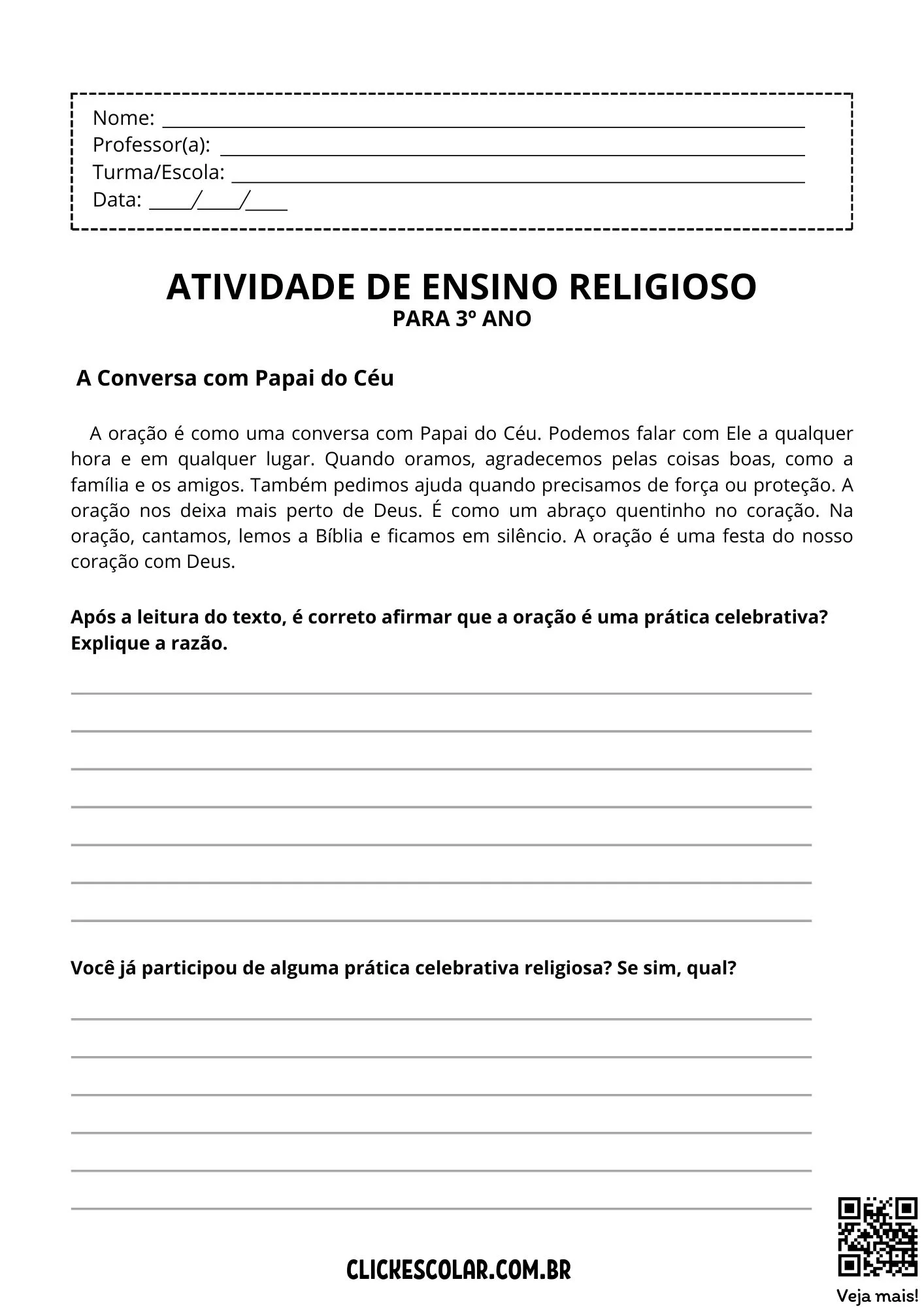 Atividade De Ensino Religioso 3 Ano 01