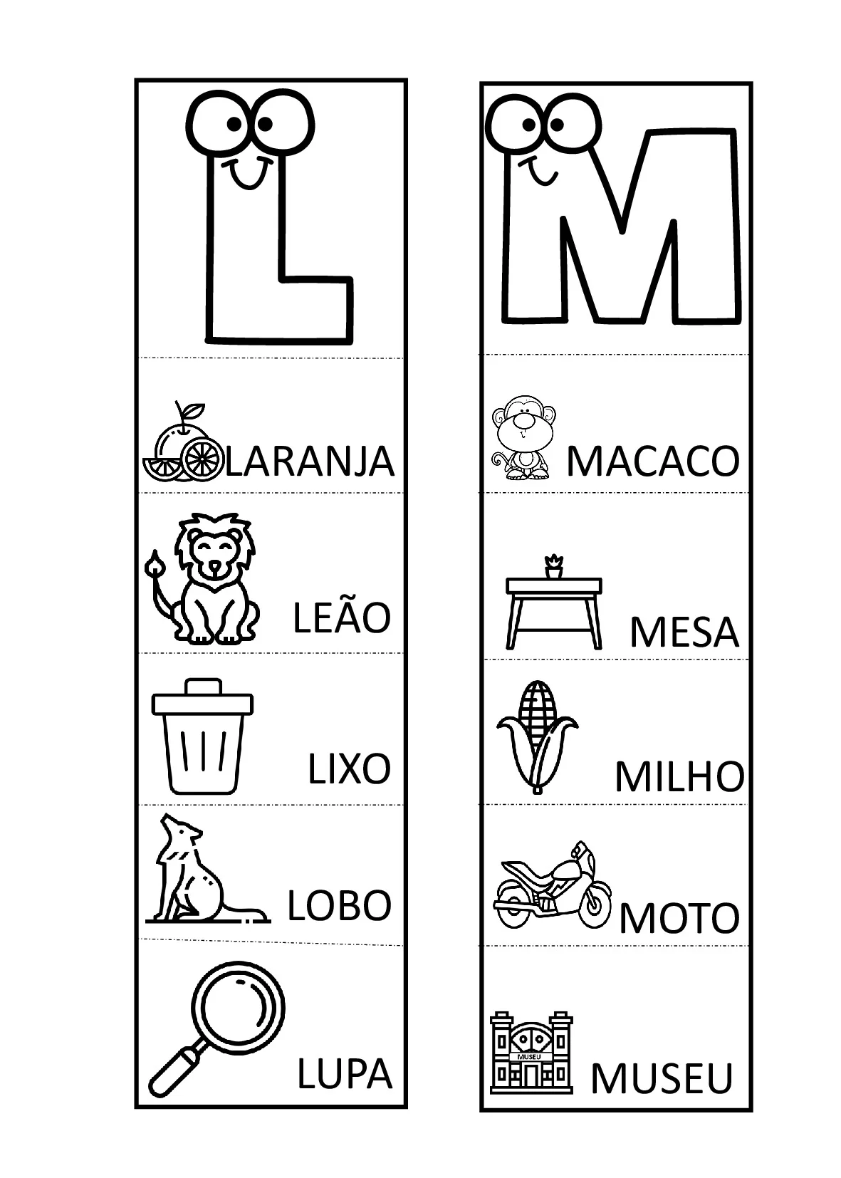 L de laranja e leão, M de macaco e mesa