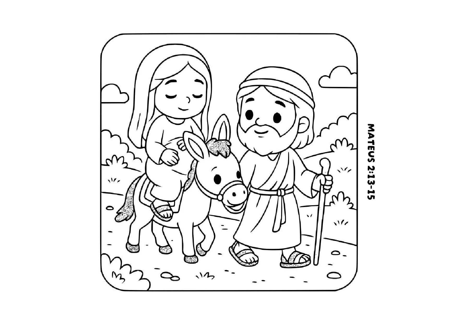 Maria em cima do burro para colorir