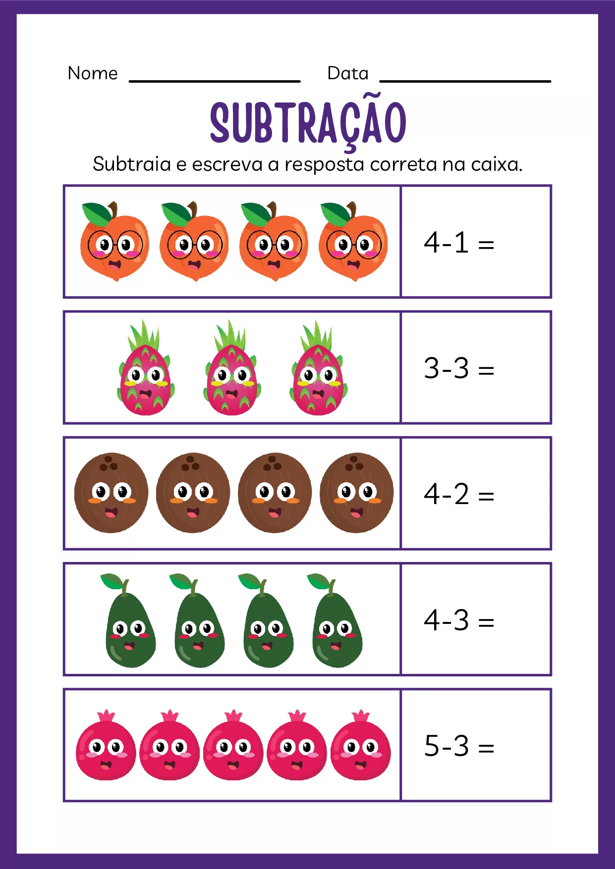 Subtraia e escreva a resposta correta na caixa