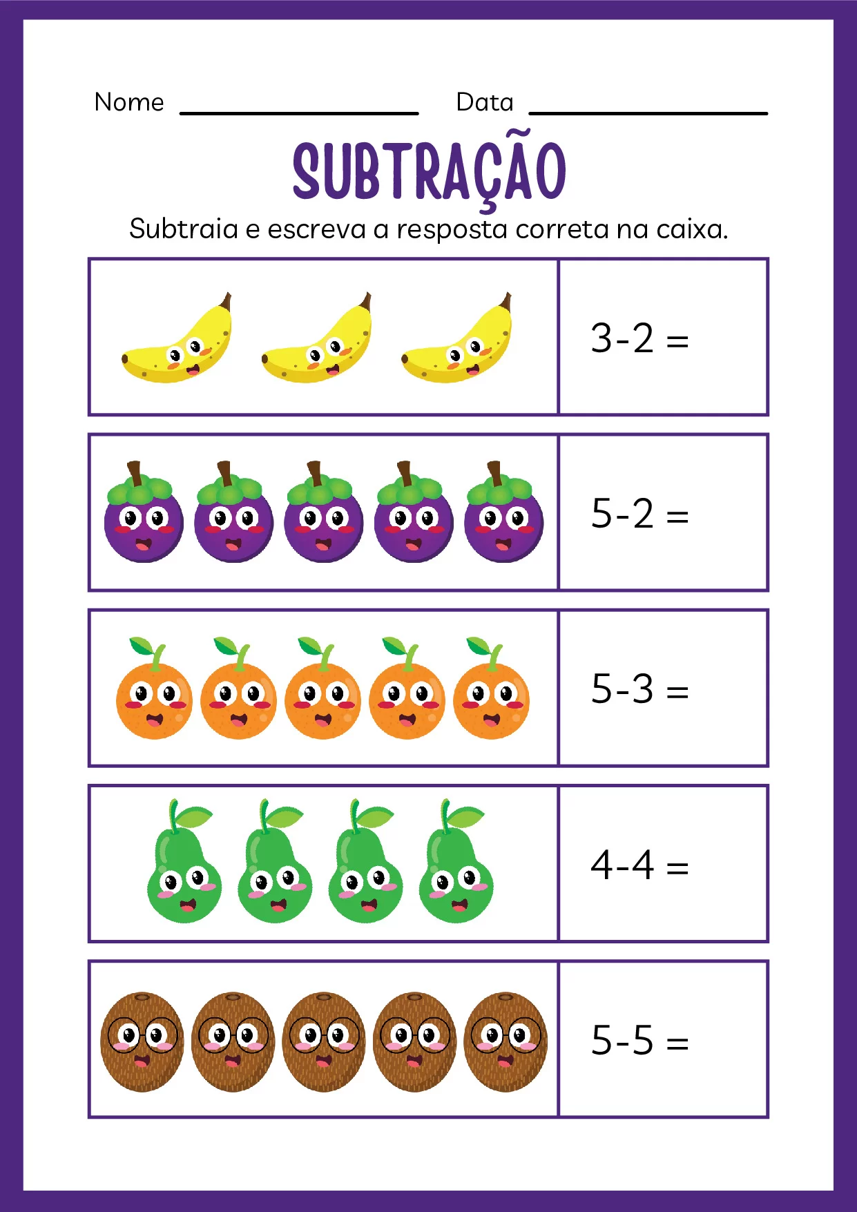 subtração, 3 -2 , 5 -2, 5 - 3 e muito mais