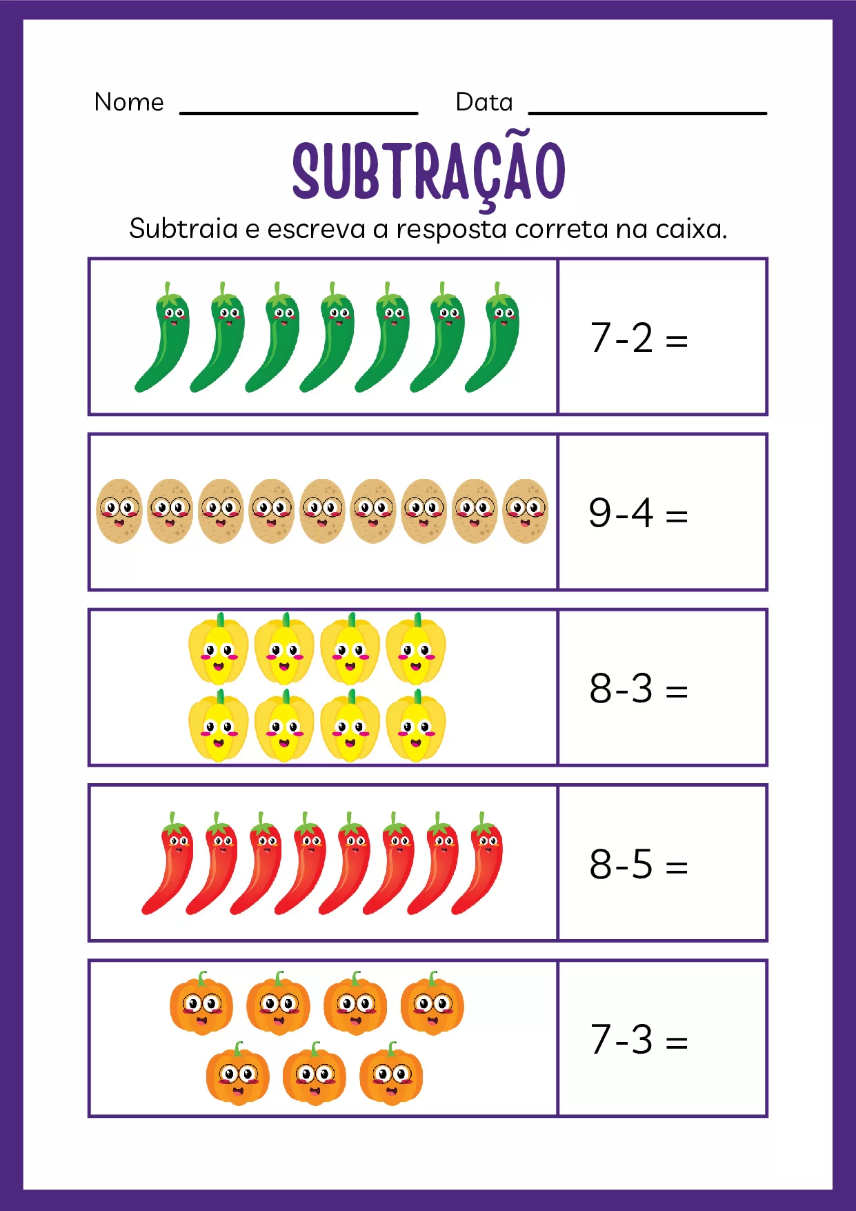 Atividades de subtração simples