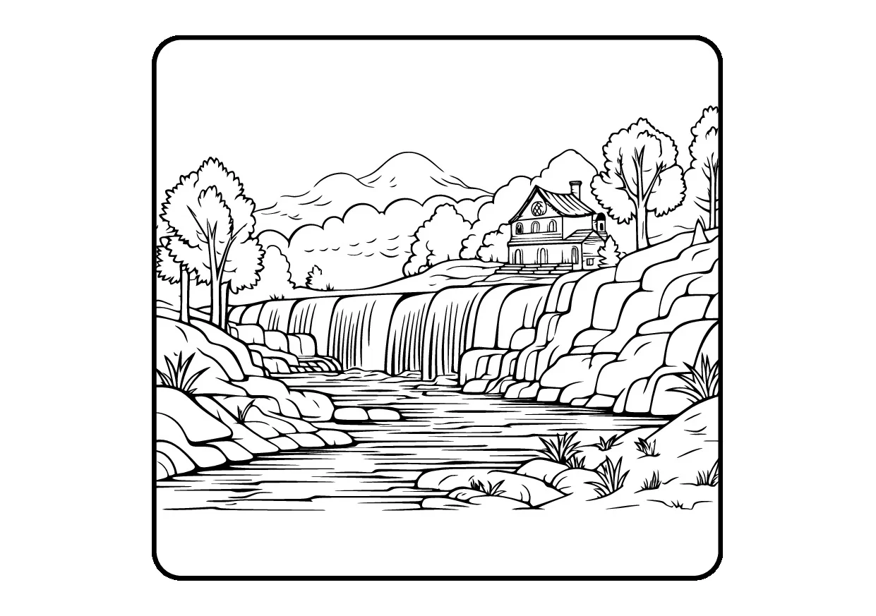 Paisagem de um rio com arvores e uma casa para colorir