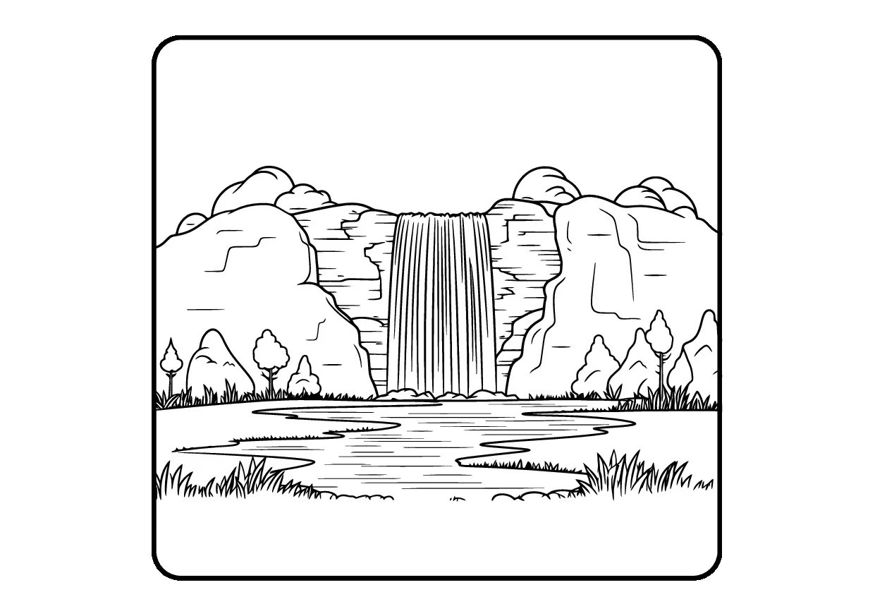 Paisagem de um rio caindo com pedras e arvores ao seu redor para colorir