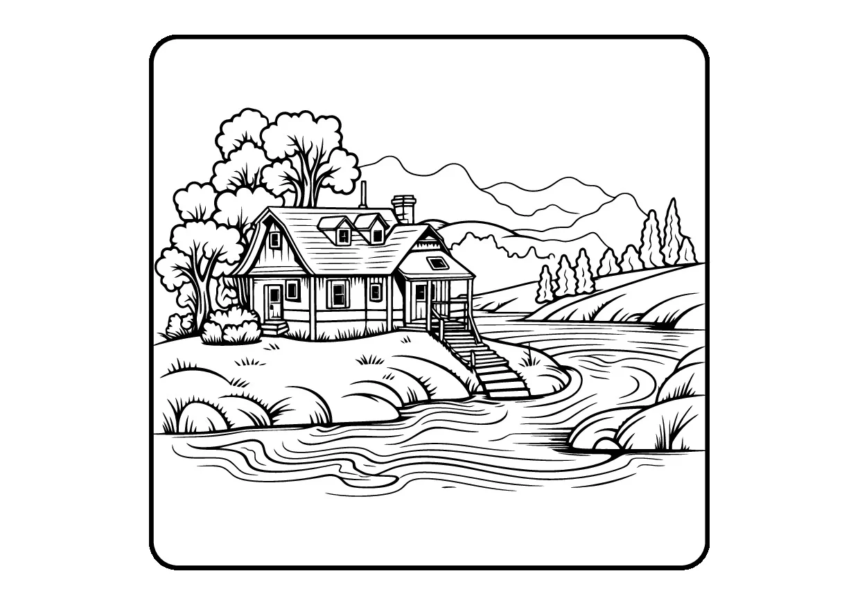 Colorir uma casa no meio de um lago