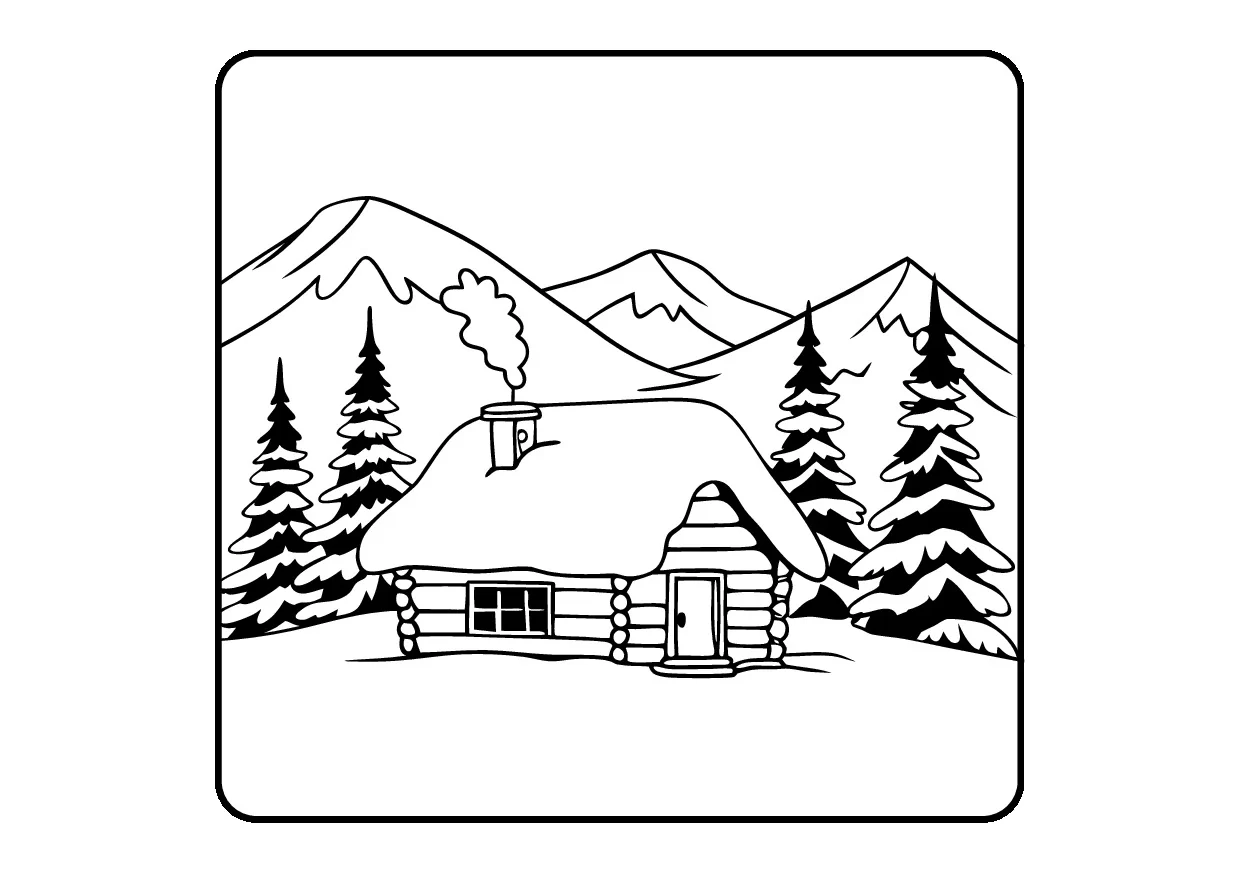 Colorir uma casa no meio da neve com pinheiros e montanhas
