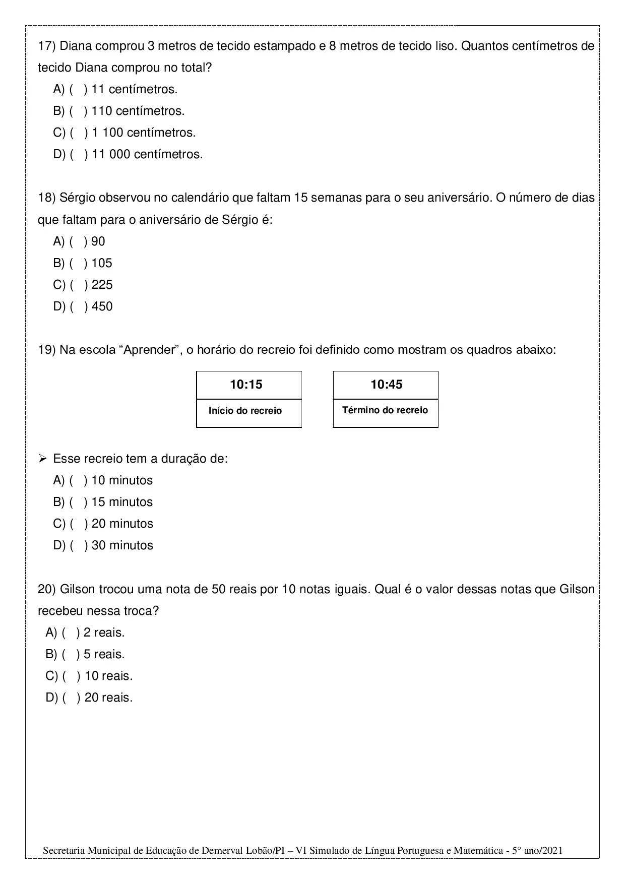 Simulado De Portugues E Matematica – 5o Ano 11