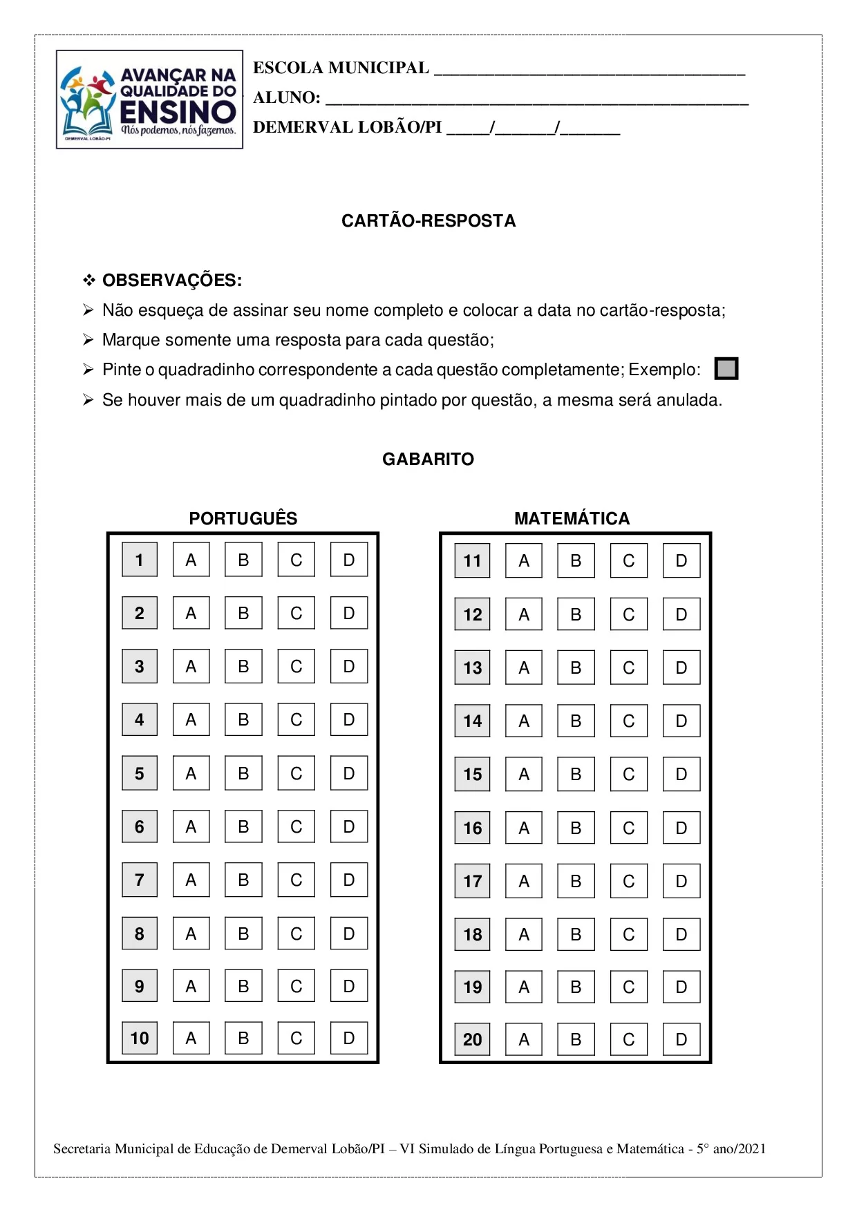 Simulado De Portugues E Matematica – 5o Ano 3