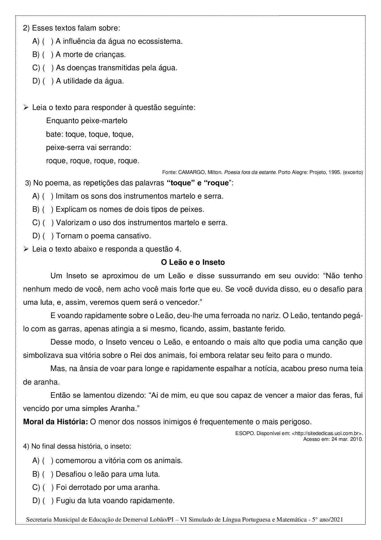 Simulado De Portugues E Matematica – 5o Ano 5