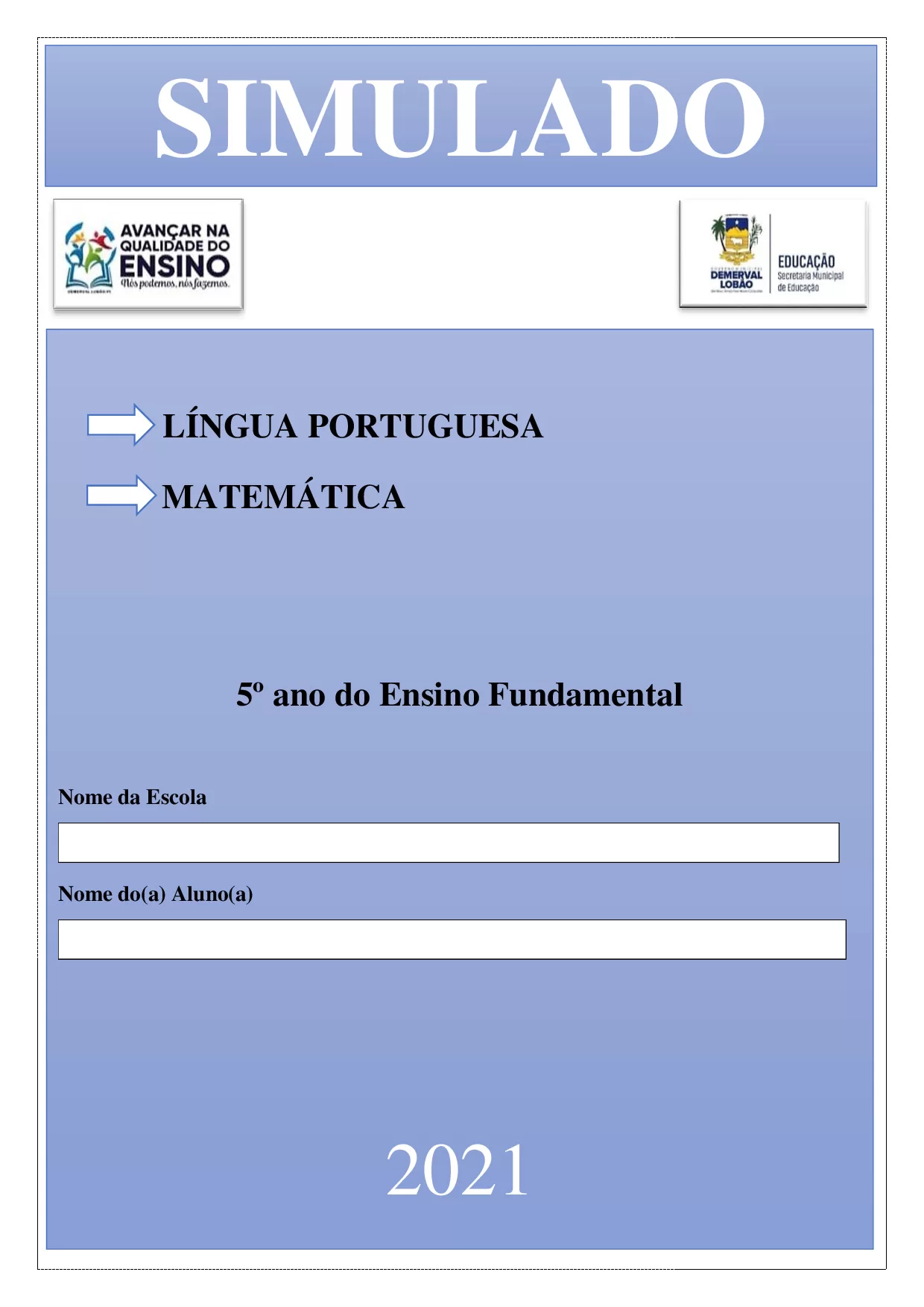 Simulado de Português e Matemática – 5º Ano