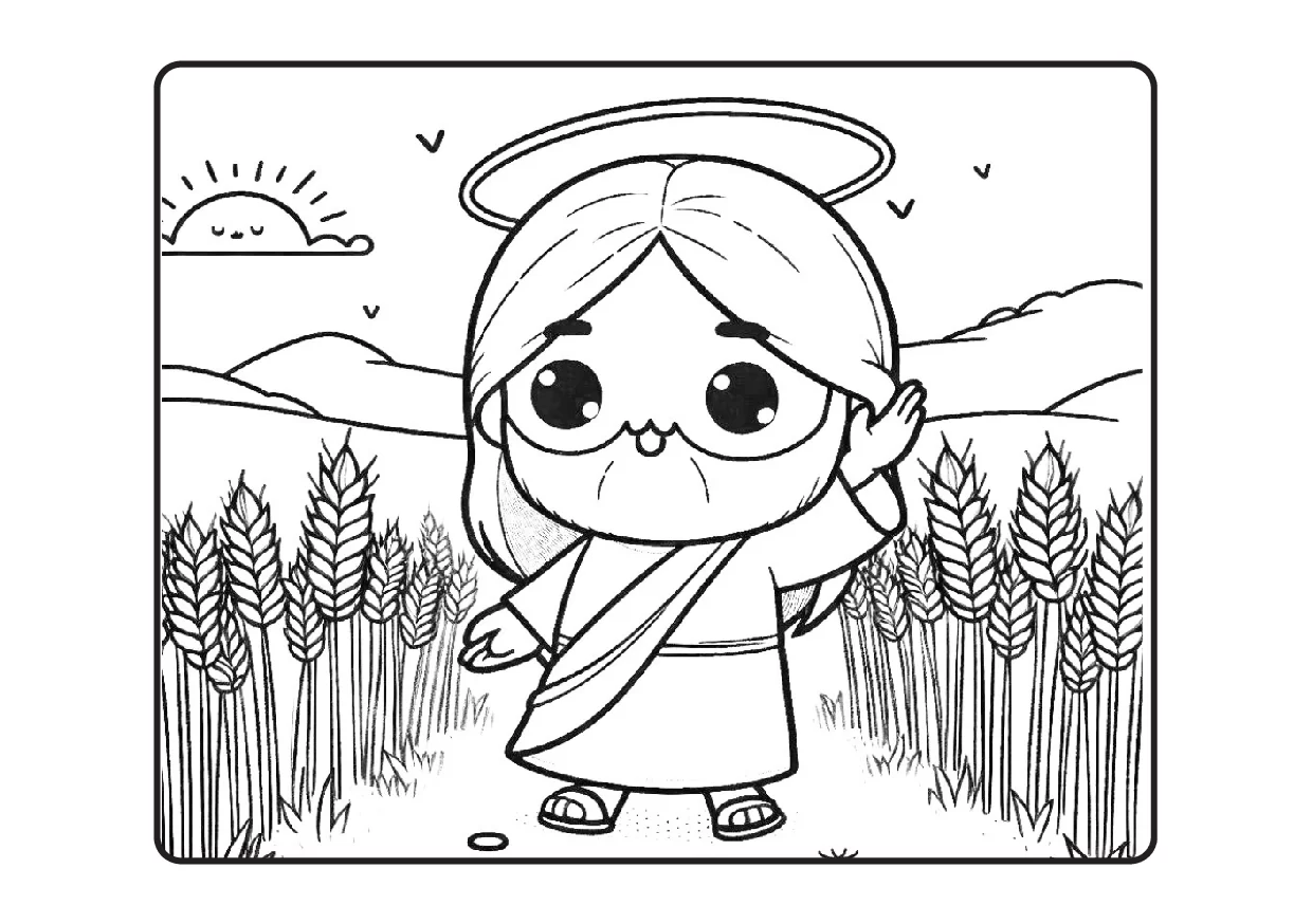 Jesus na plantação de trigo para colorir