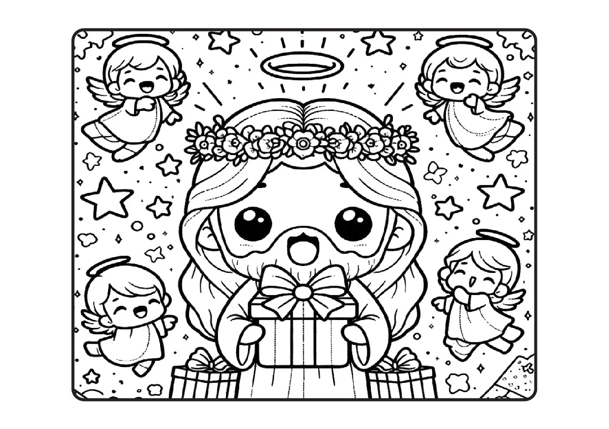Jesus para colorir recebendo presente dos anjinhos